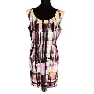 Maggy London Pink Abstract Brushstroke Plaid Sheath Dress Size 10 Sleeveless Mod
